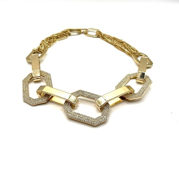 Oversized Gold Chunky Toggle Statement Necklace Rhinestones Geometric Sparkle - Picture 8 of 10